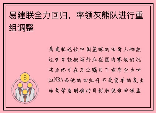 易建联全力回归，率领灰熊队进行重组调整