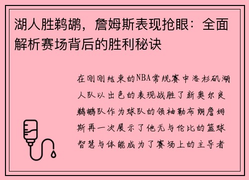 湖人胜鹈鹕，詹姆斯表现抢眼：全面解析赛场背后的胜利秘诀