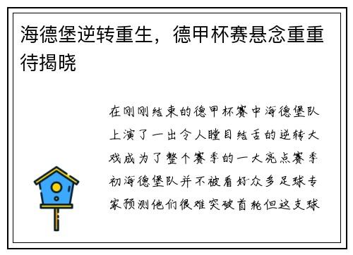 海德堡逆转重生，德甲杯赛悬念重重待揭晓
